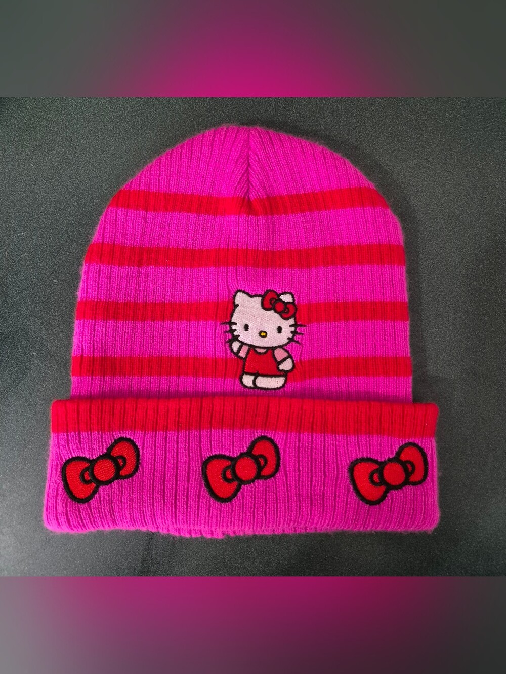 Hello Kitty Pink & Red Striped Beanie Hat
